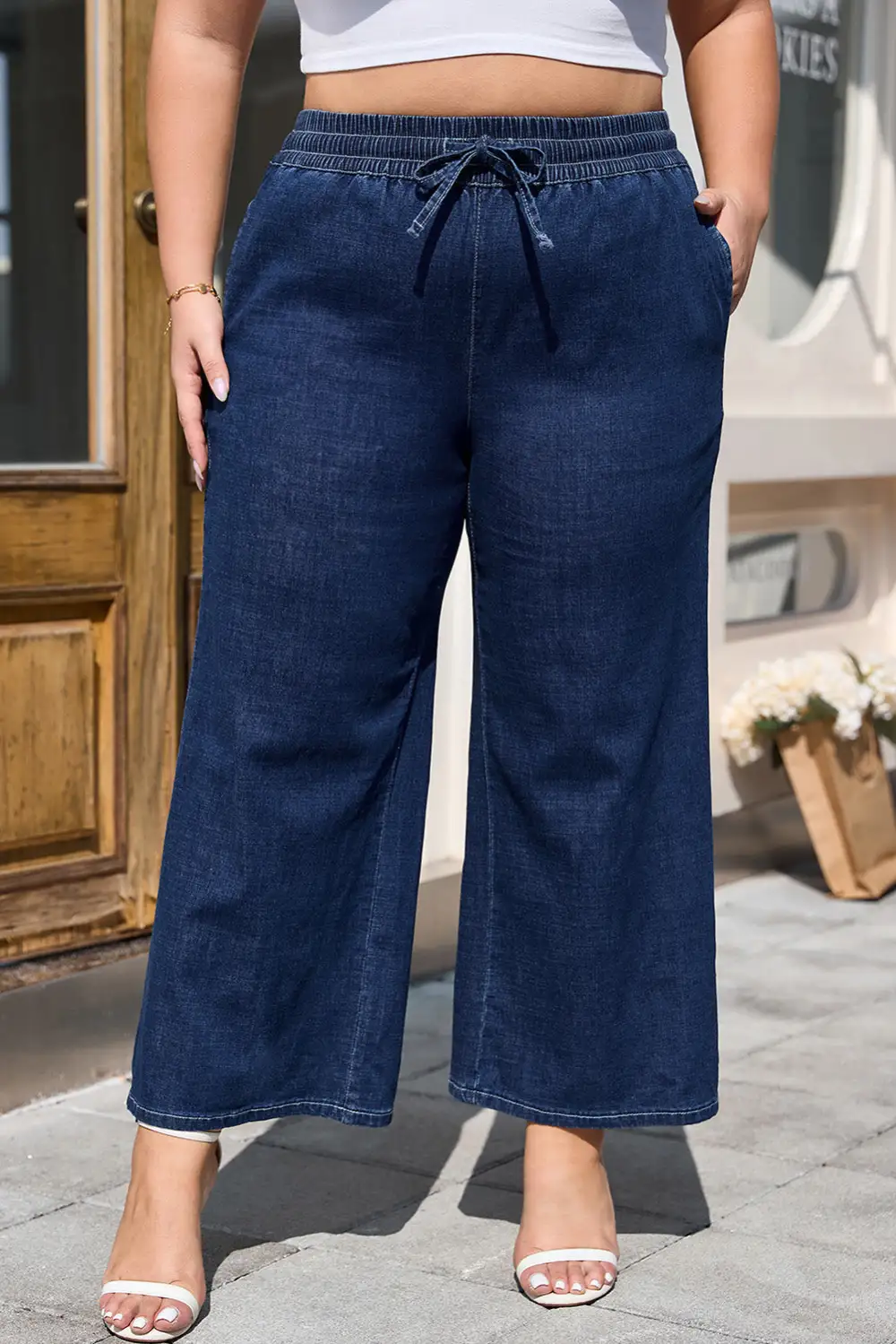 Drawstring High Waist Wide Leg Casual Jeans