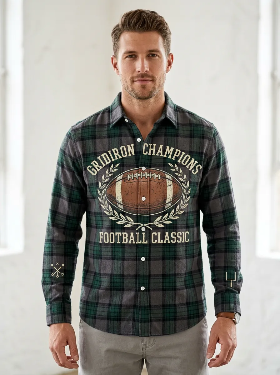 Men's American Football Gridiron Champions Printed Plaid Shirt