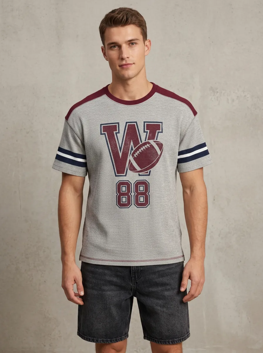 Men's American Football 88 Varsity Letter Printed Waffle T-shirt