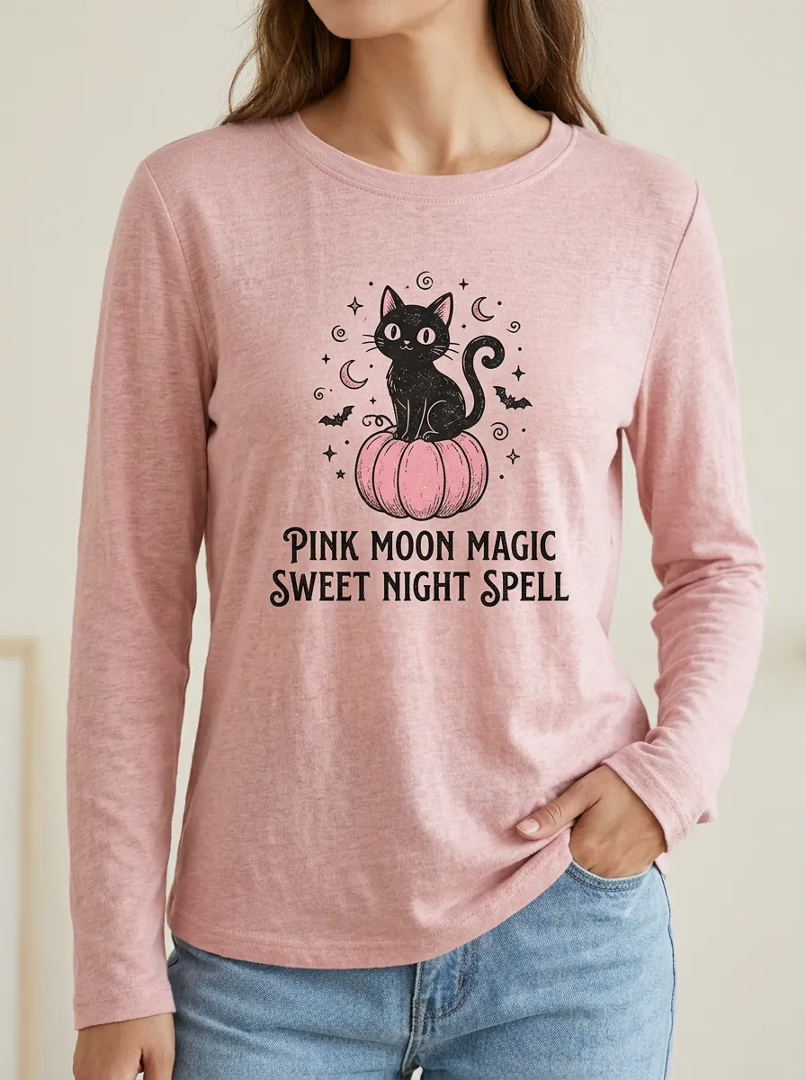 Witchy Pumpkin -Cat Halloween Cotton Linen Long Sleeve Top