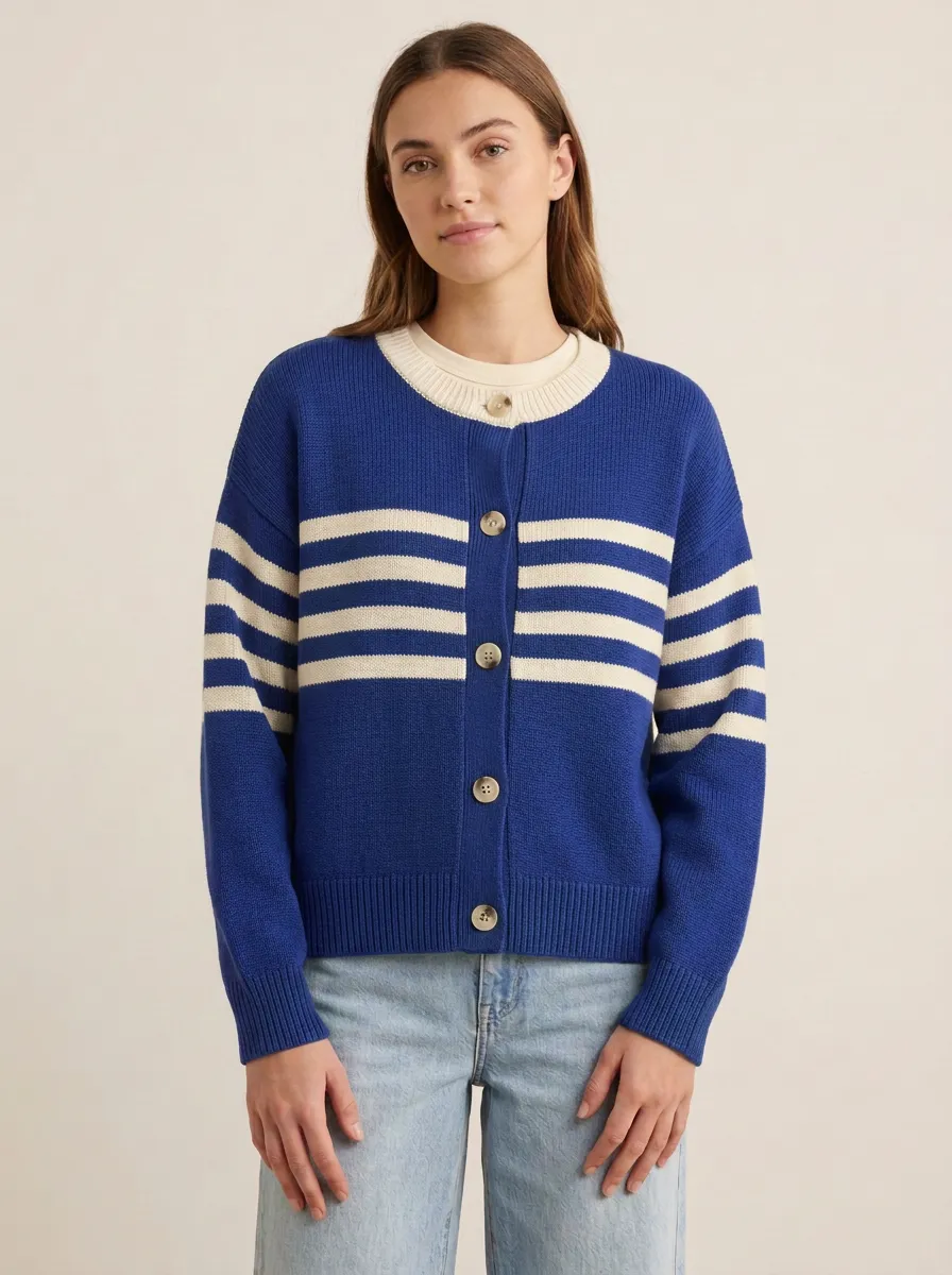 Relaxed Distinctive Rugby Striped Knit Cardigan
