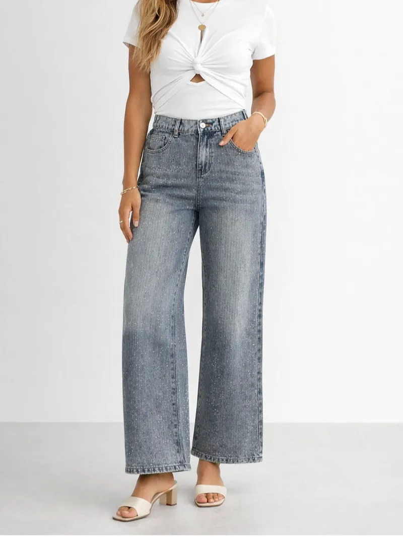 Allover Rhinestone Button Fly Wide Leg Denim Pants