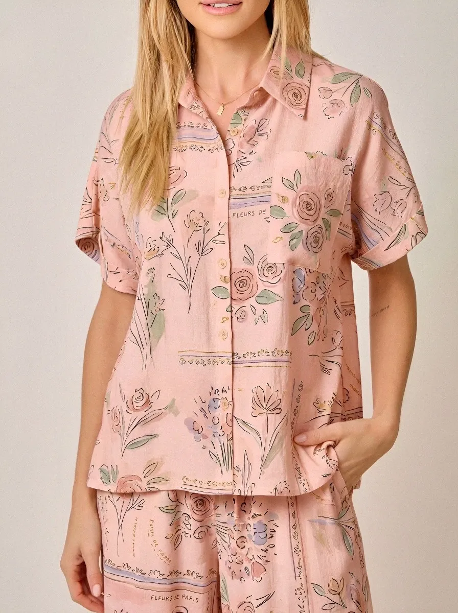 Women's Vintage Floral Paris Printed Button Down Shirt