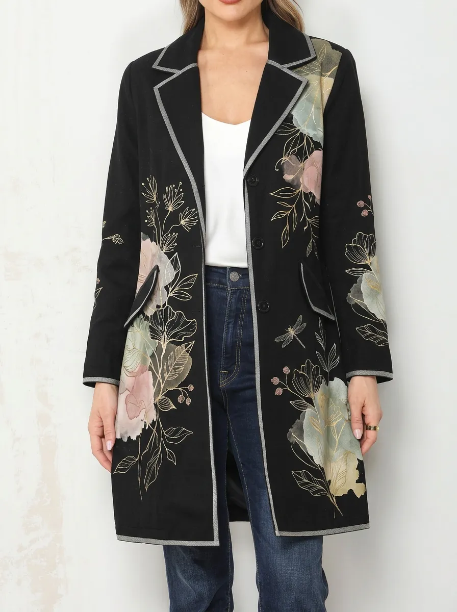 Women's Floral Dragonfly Botanical Printed Long Blazer Coat