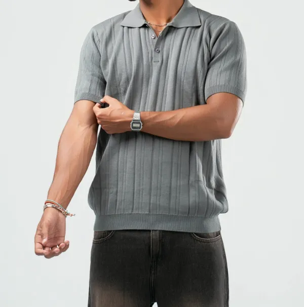 Grey Ribbed Knit Polo Shirt