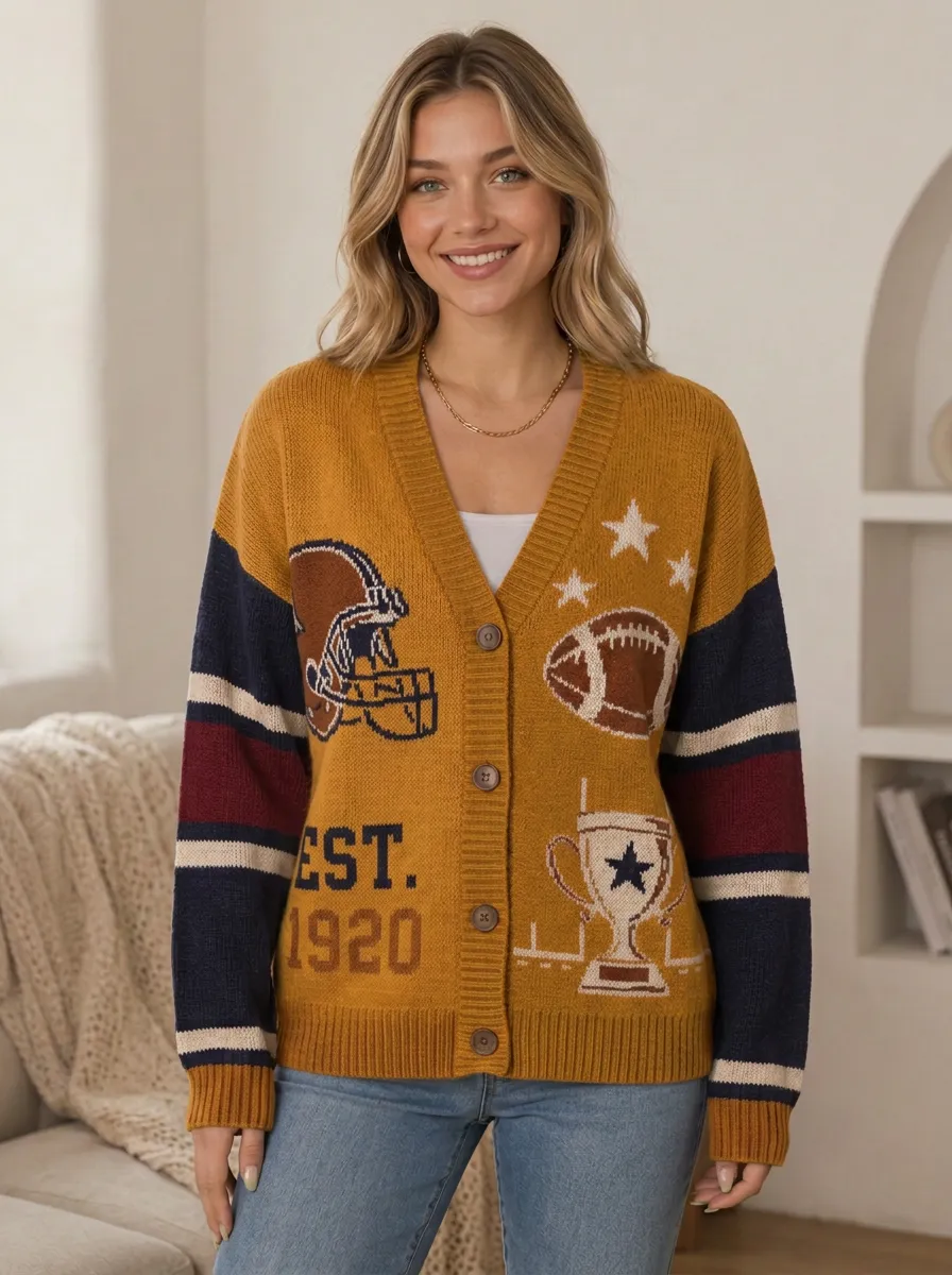 Women's Classic Stadium Inspired Gridiron Helmet Trophy Ball Knit Cardigan