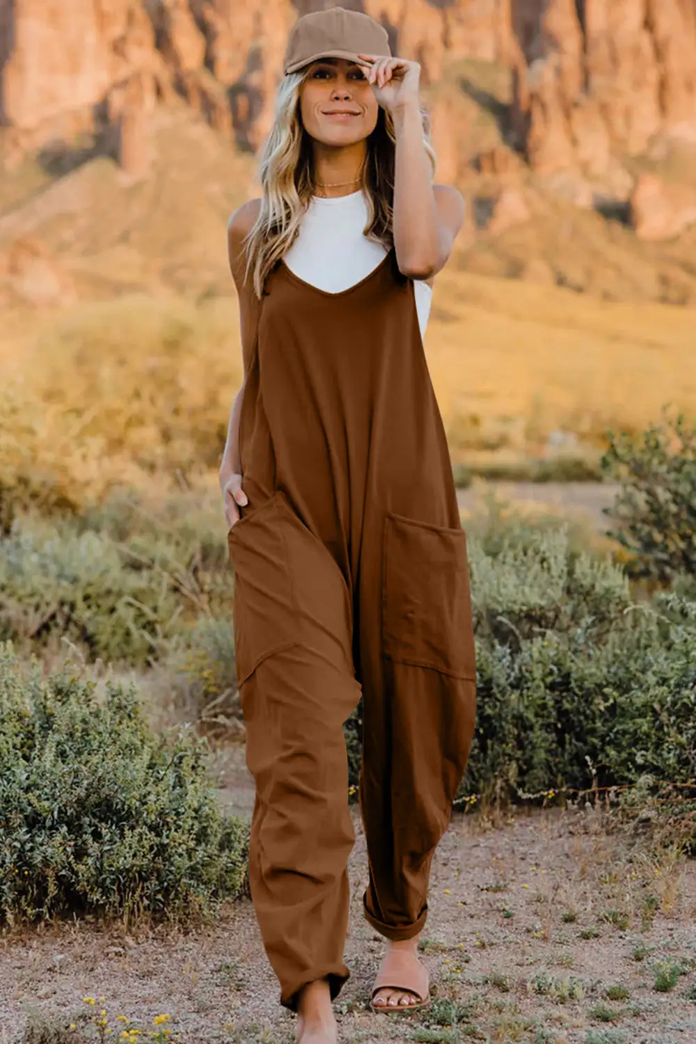 V Neck Sleeveless Pocket Jumpsuit