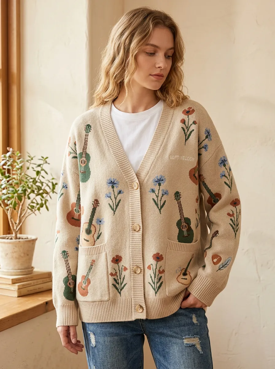 Guitar Floral Knitted Women's Country Music Casual Cardigan