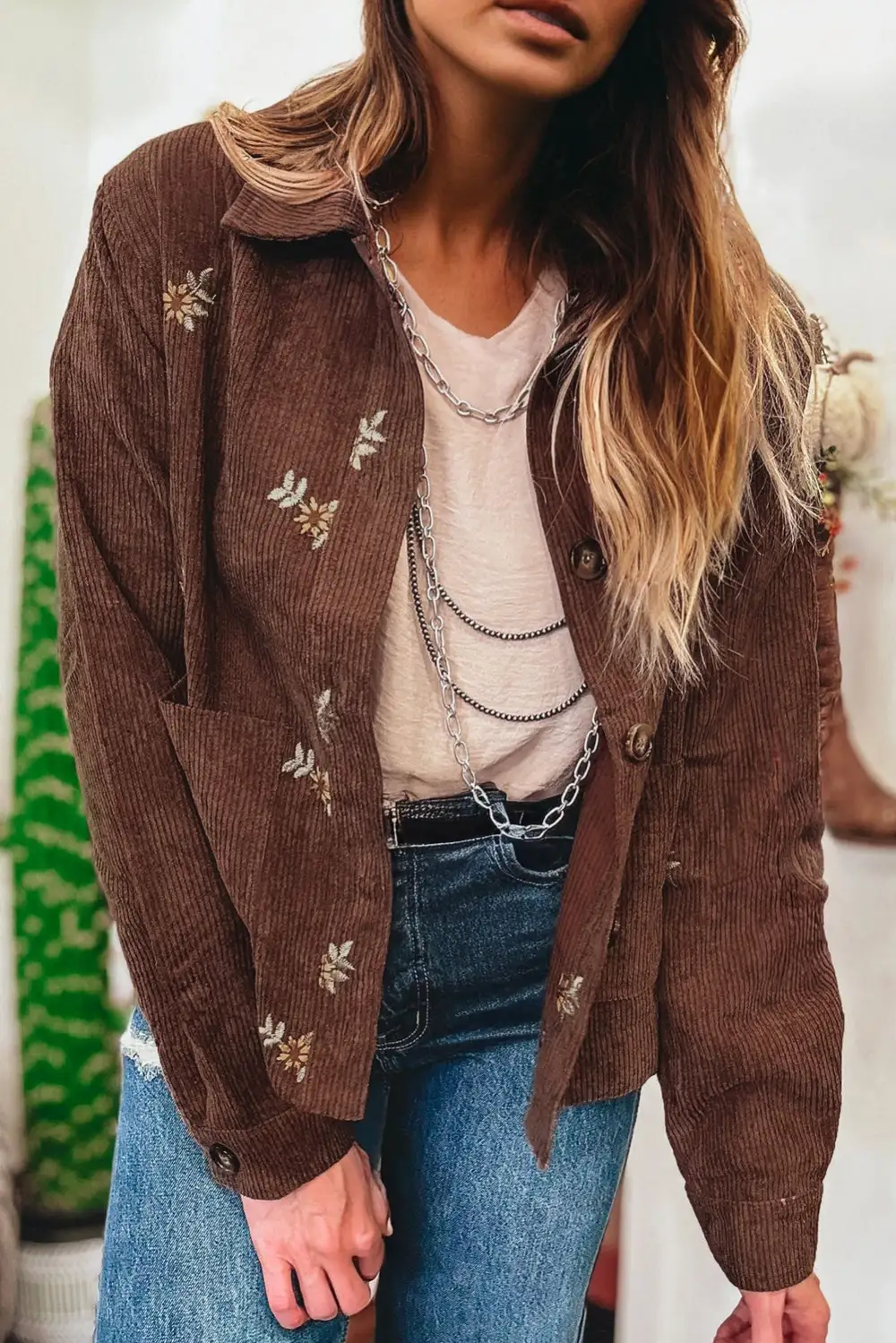 Button-Front Button-Down Collared Corduroy Jacket