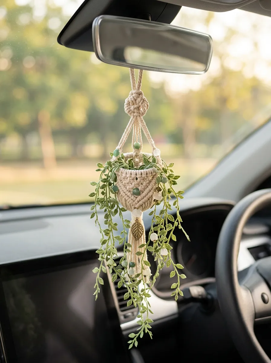 Macrame Beaded Plant Leaf Rearview Mirror Hanging Ornament