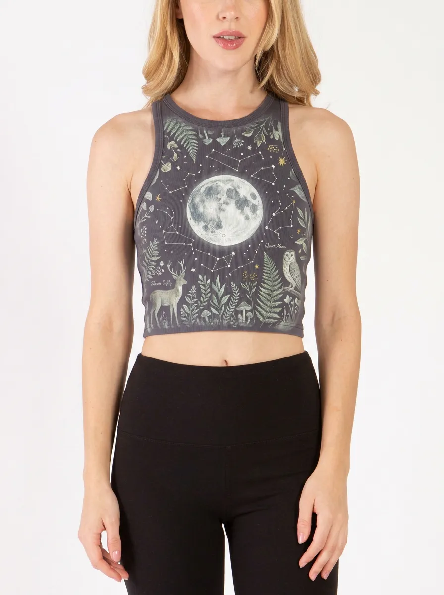 Women's Celestial Forest Moon Deer Owl Printed Crop Top