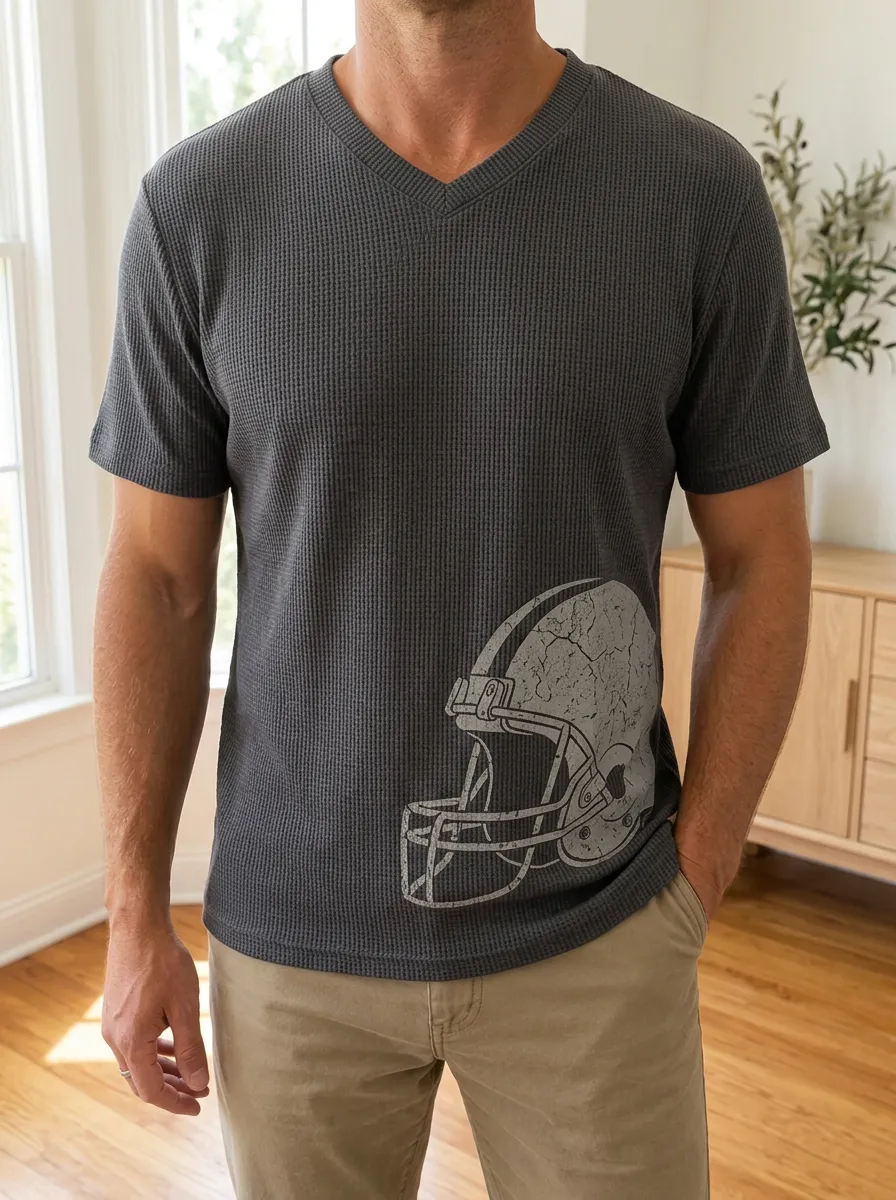 Men's Football Lover Distressed Helmet Printed Waffle V-Neck Top