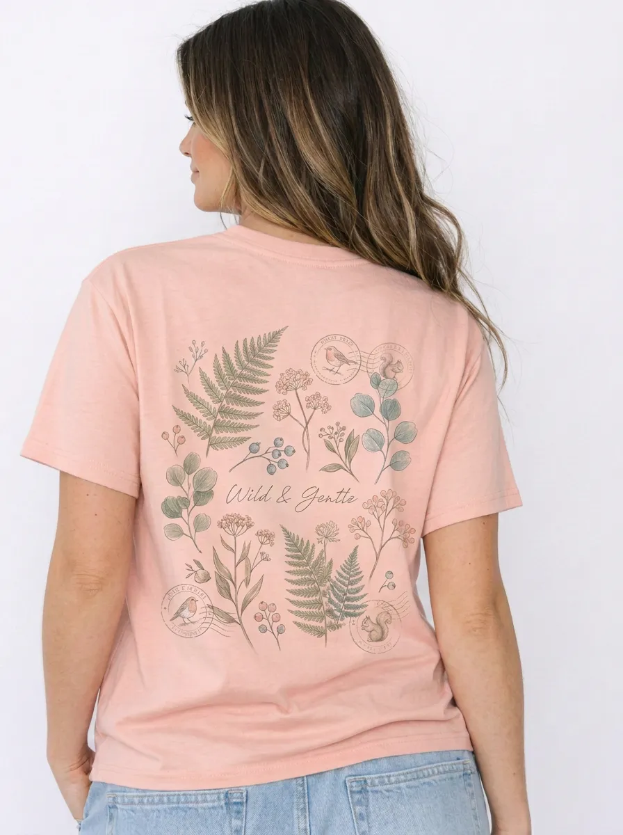 Women's Nature Lover Wild & Gentle Botanical Fern Bird Printed T-shirt