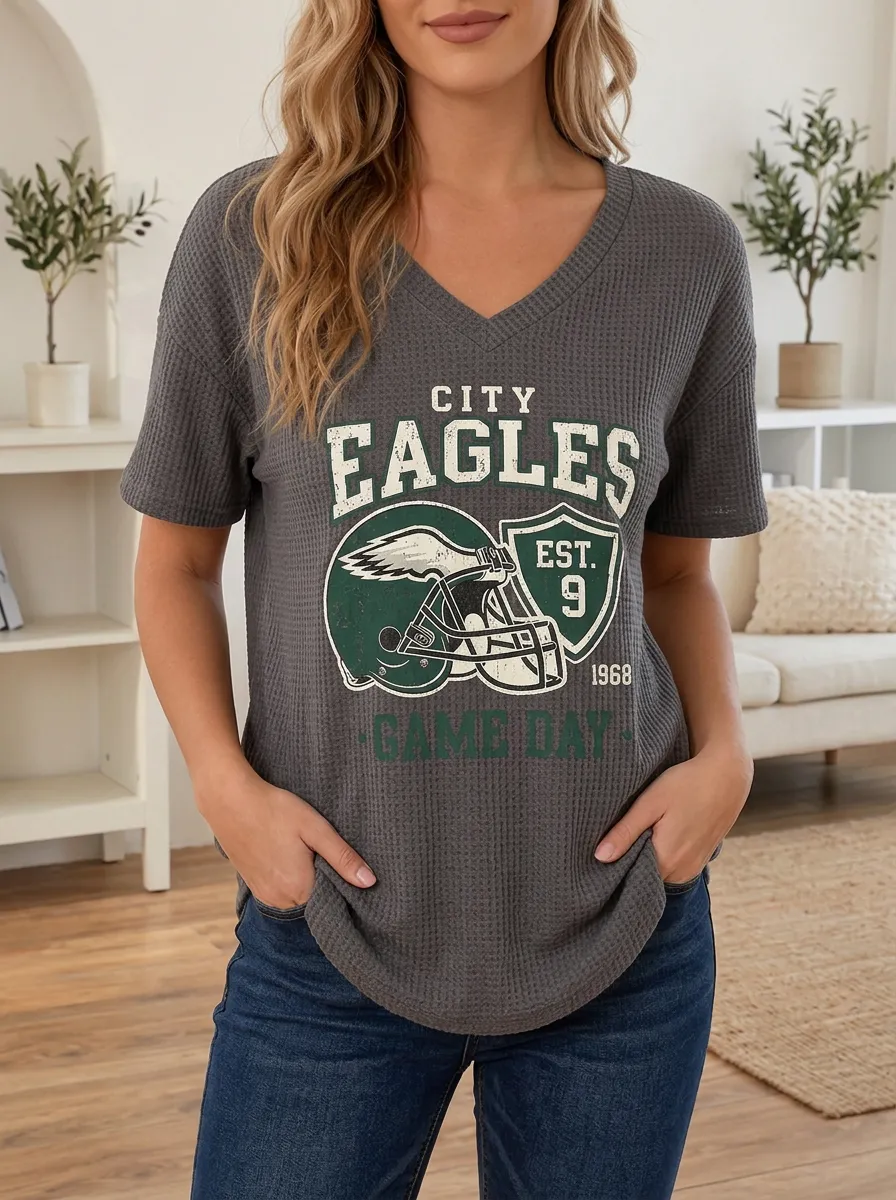Women's Football Fan City Eagles Helmet Printed Waffle Top