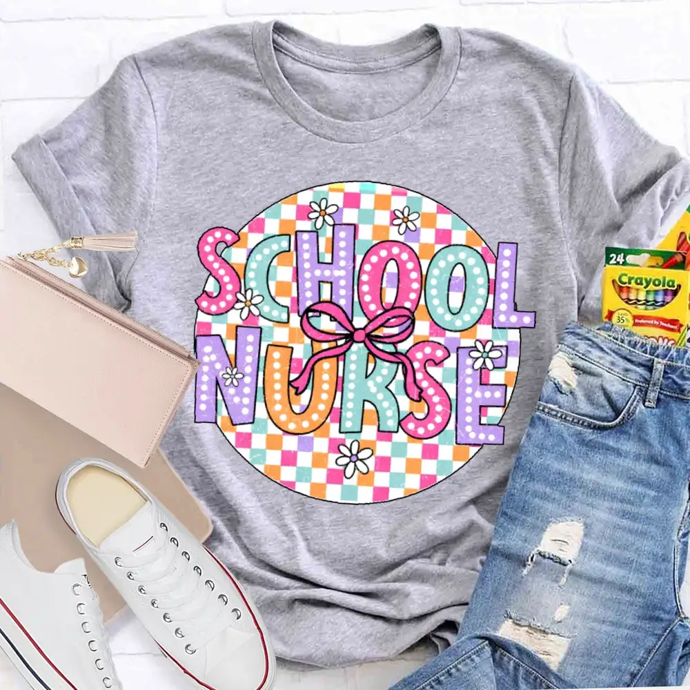 School Nurse Colorful Checkered T-Shirt