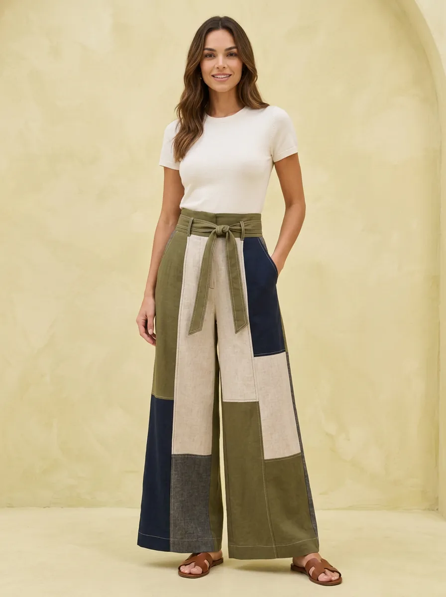 Women's Casual Style Colorblock Patchwork High Waisted Wide Leg Pants