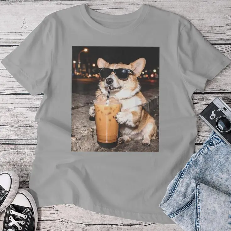 Corgi Drinking Iced Coffee Dog Meme Women T-shirt