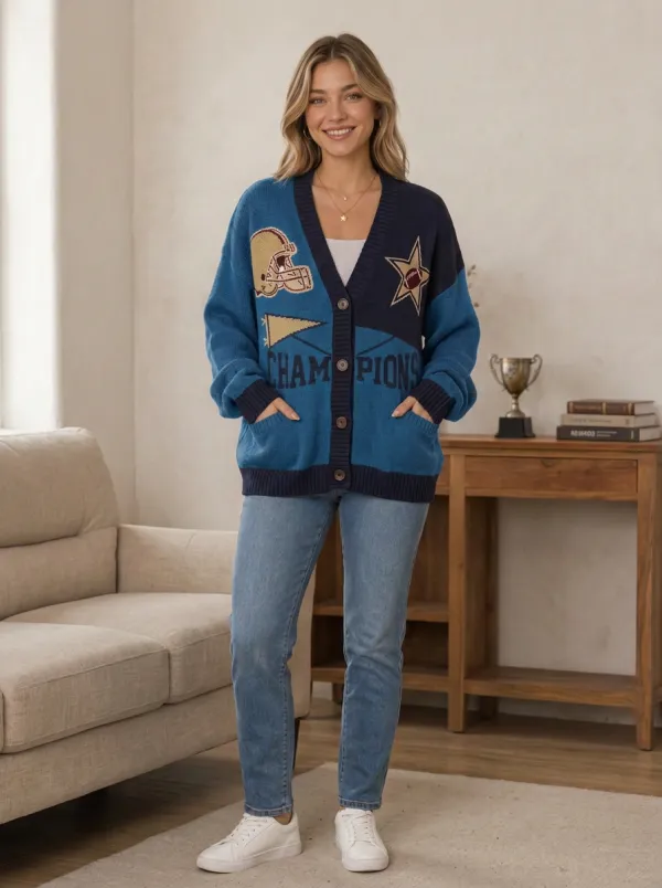 Women's Football Fan Champion Helmet Star Pattern Knitted Cardigan