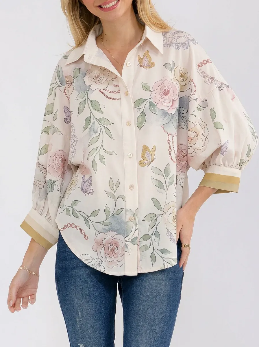 Women's Floral Butterfly Chain Pattern Printed Button-Up Shirt