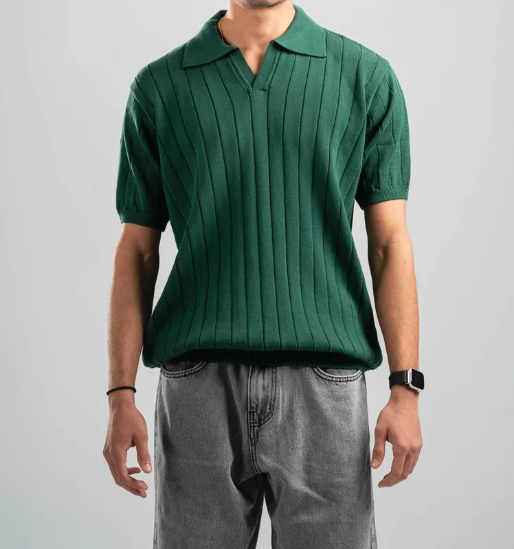 Dark Green Line Texture Knit Polo Shirt