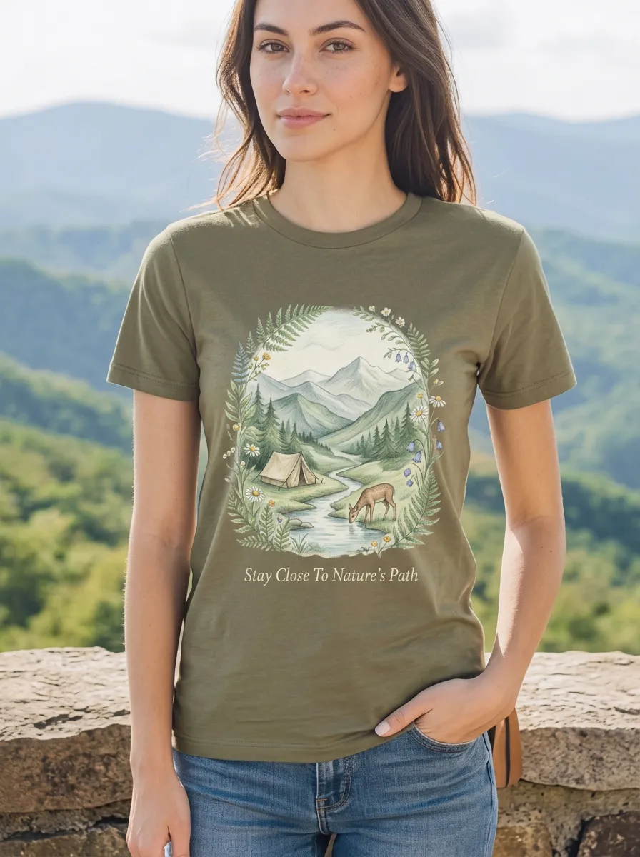 Women's Nature Lover Camping Deer Mountain Printed T-shirt