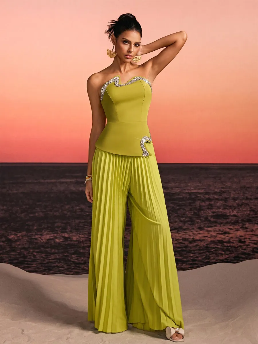 Persephone Strapless Crystal Pleated Pants Set In Green