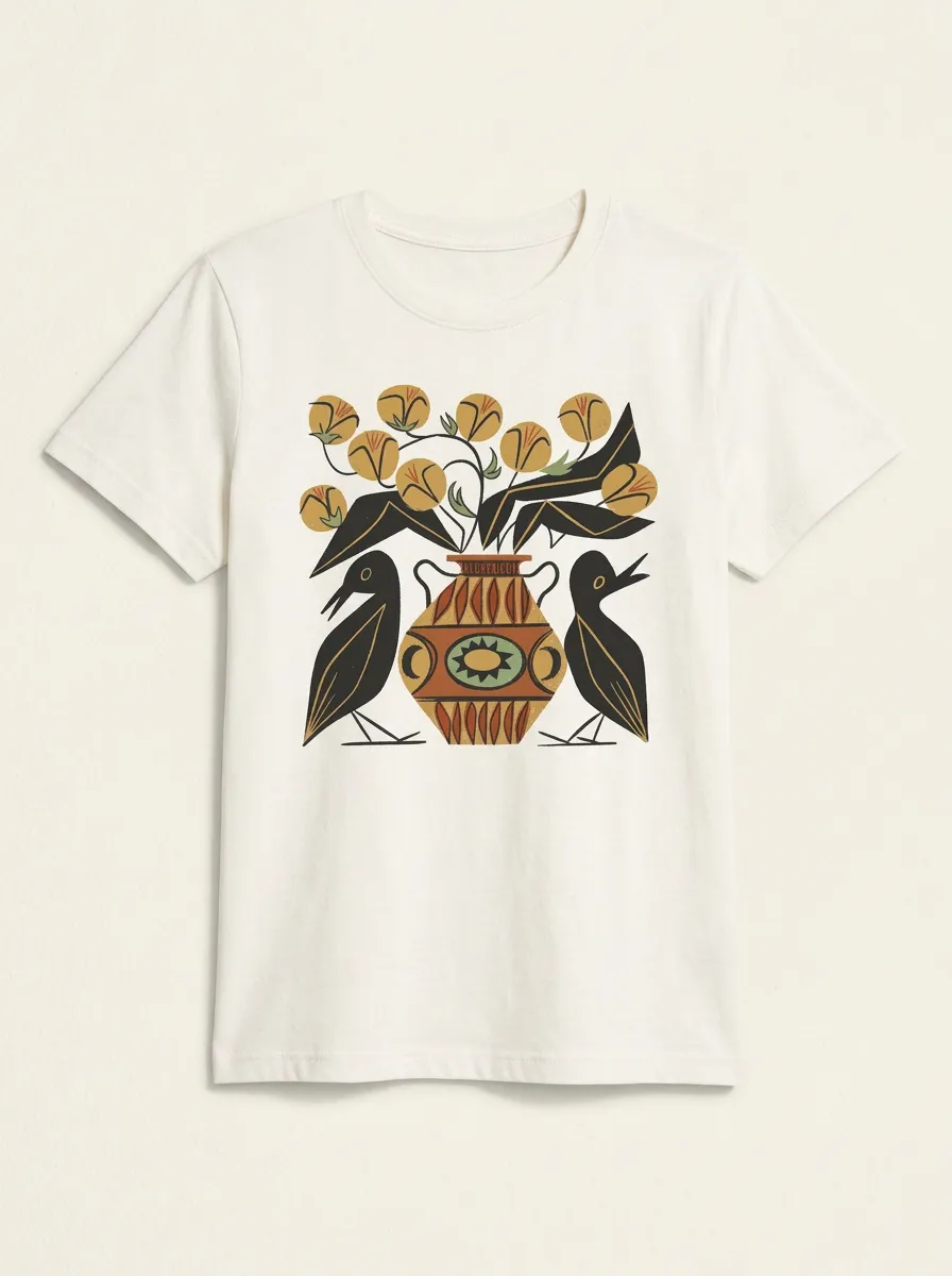 Unisex Folk Art Bird And Floral Vase T-Shirt