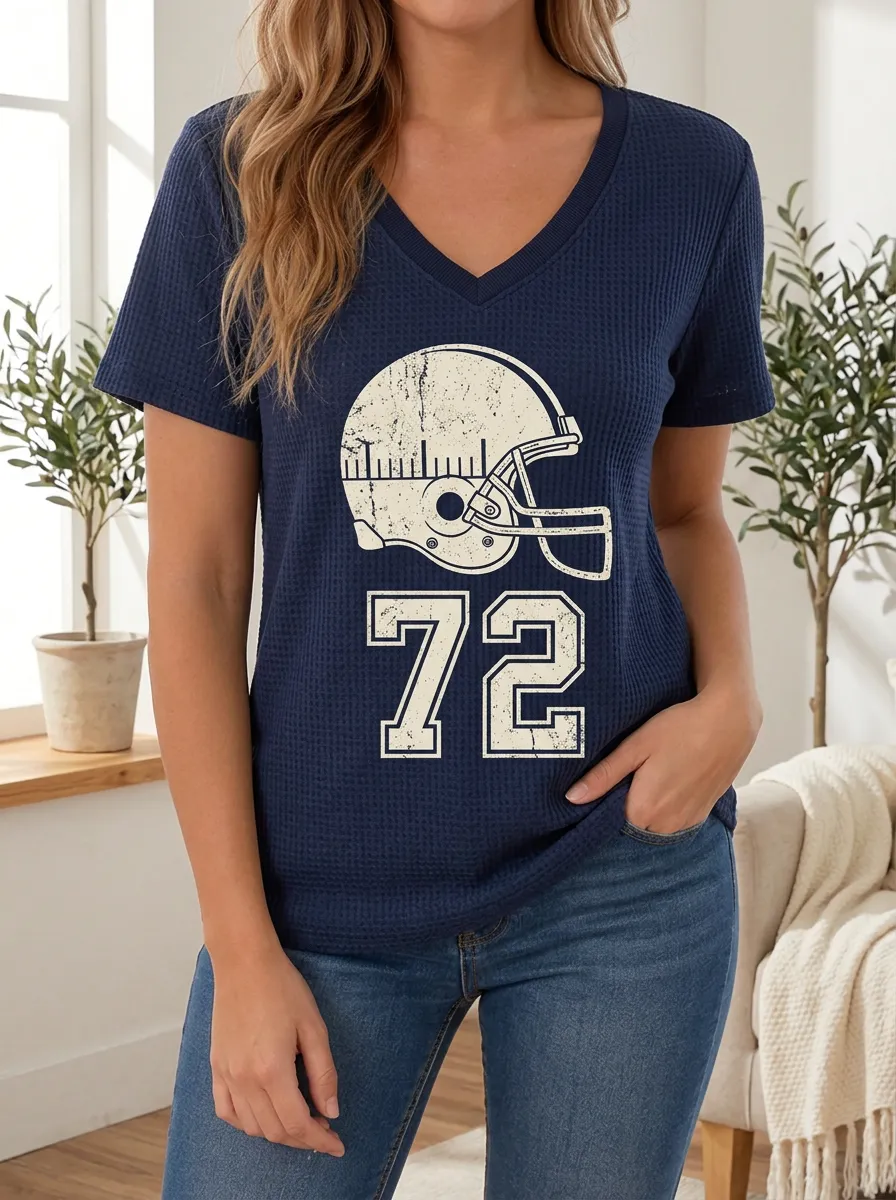 Women's Football Fan 72 Helmet Distressed Printed Waffle Top
