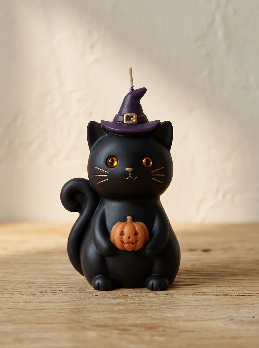 Halloween Witch Black Cat Pumpkin Shaped Candle