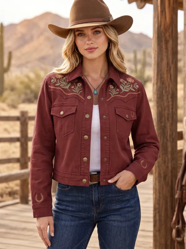 Women's Western Cowboy Horseshoe Horse Floral Denim Jacket