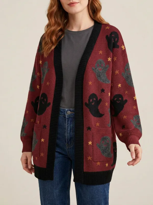 Women's Halloween Ghost Star Pattern Knitted Cardigan