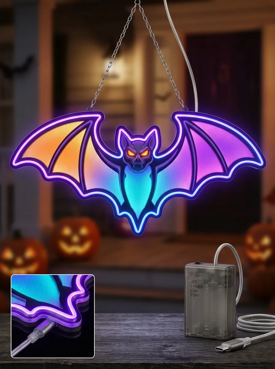 Neon-Look Bat-Shape Gradient Halloween Bat Light