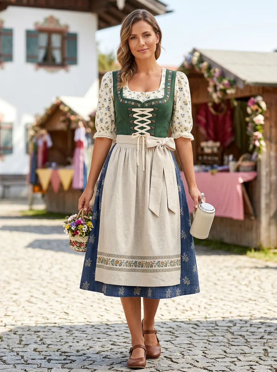 Square Neck Traditional Women's Bavarian Oktoberfest Dirndl Dress