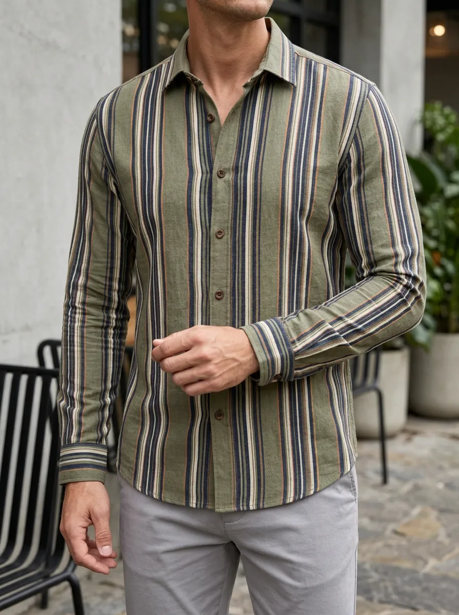 Men's Casual Olive Green Vertical Striped Printed Slim Fit Shirt