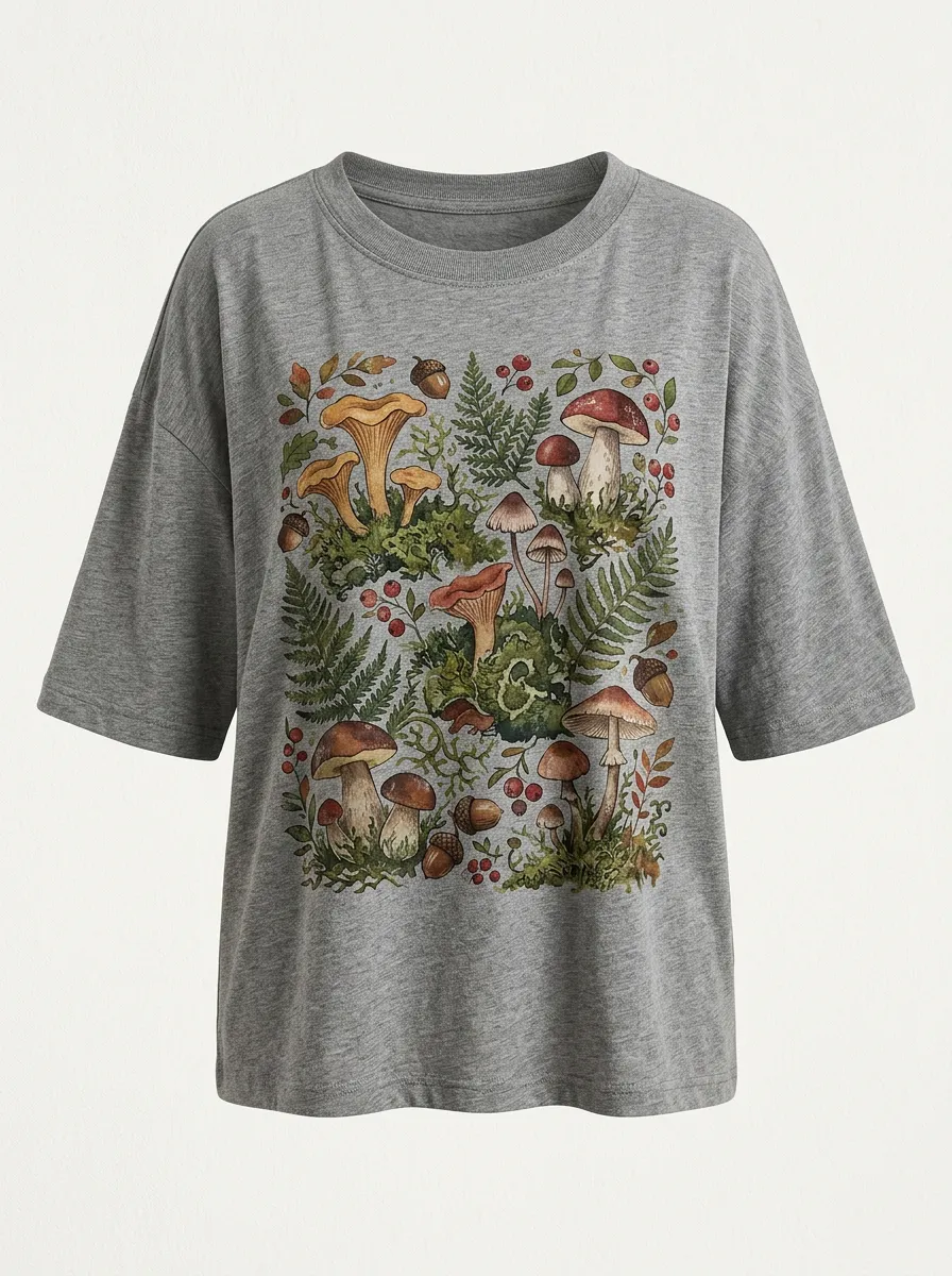 Women's Nature Lover Mushroom Fern Printed T-shirt