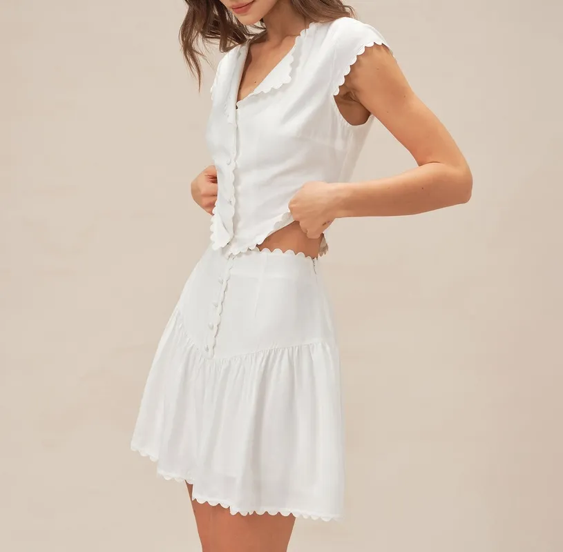 White Button Ruched Mini Skirt