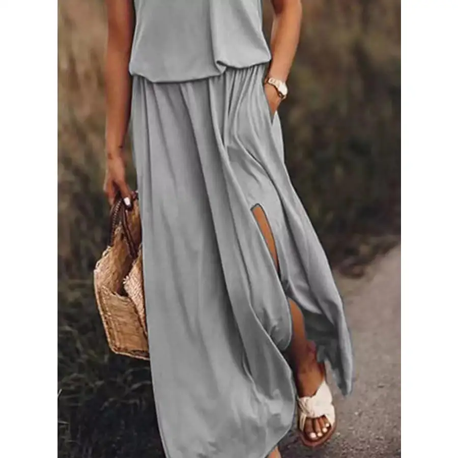 Full Size Round Neck Sleeveless Slit Maxi Dress Plus Size