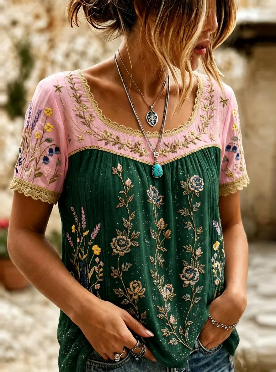 Women's Boho Floral Embroidered Vintage Printed T-shirt