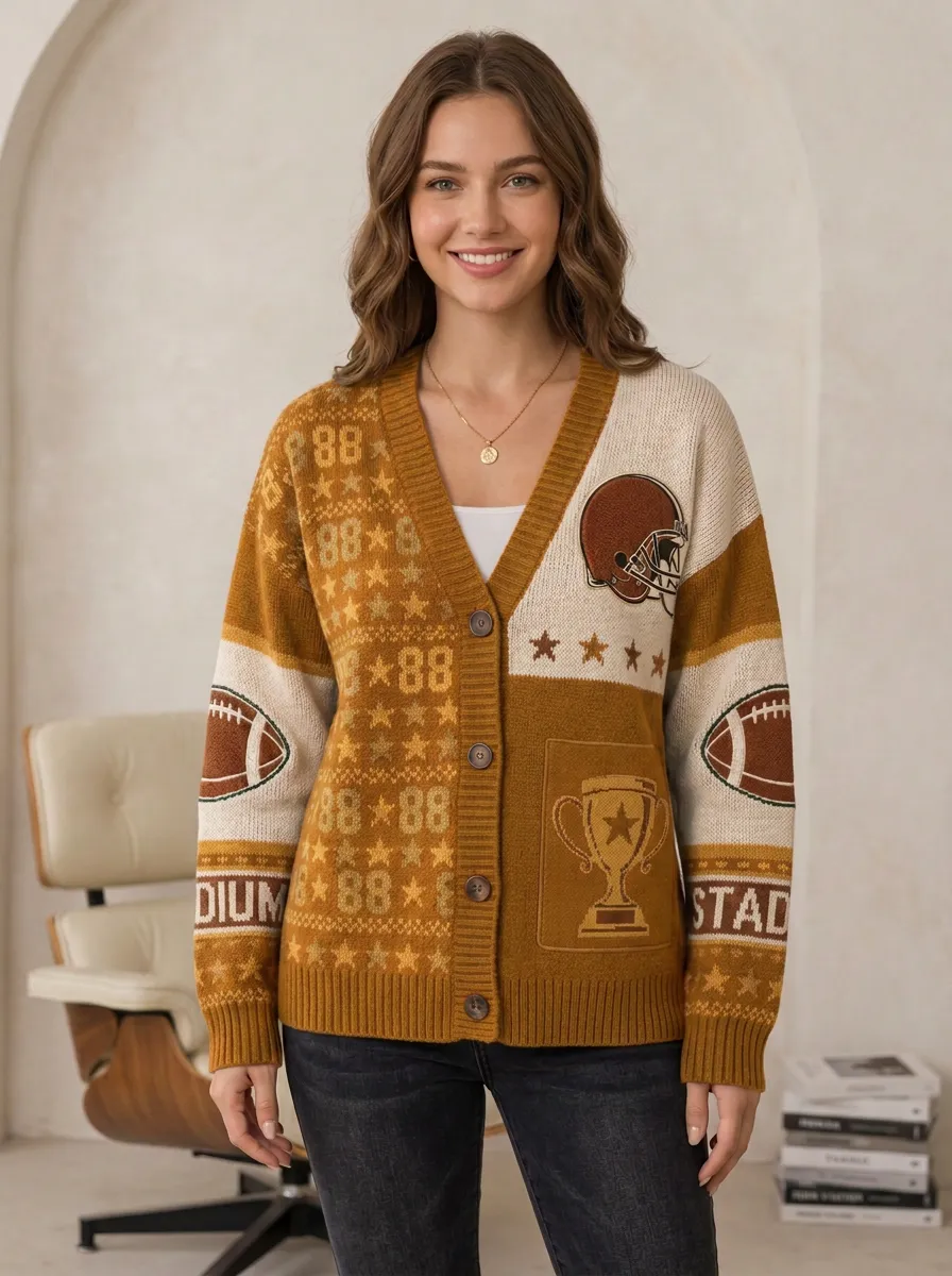 Women's Stadium Inspired Gridiron Helmet Trophy Ball Knit Cardigan