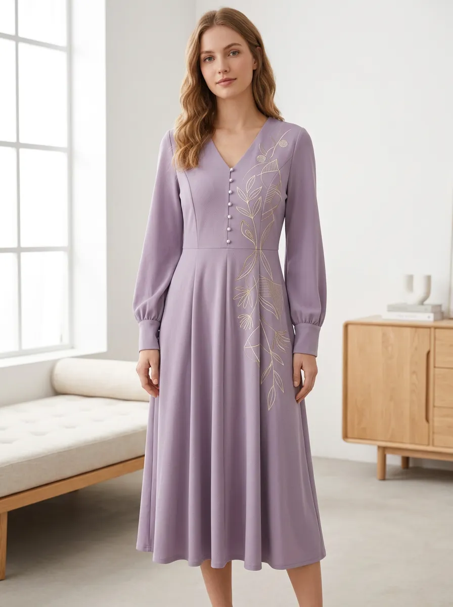 Women's Elegant Floral Line Art Printed V-Neck Long Sleeve Dress