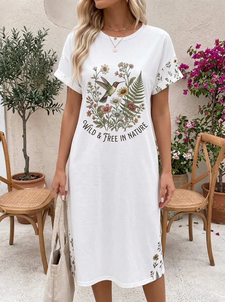 Nature Lover Hummingbird Wildflower T-Shirt Dress