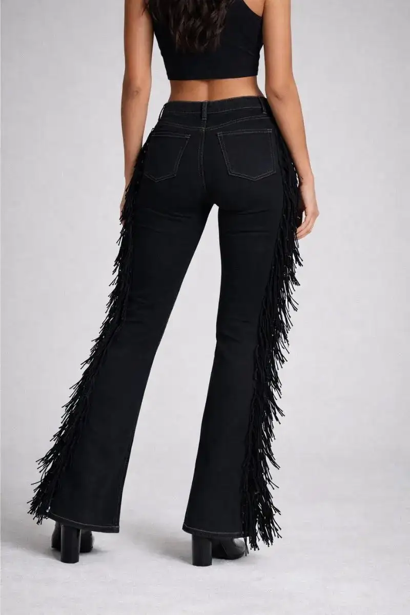Mid Rise Fringe Detail Bootcut Vintage Style Cropped Denim Jeans