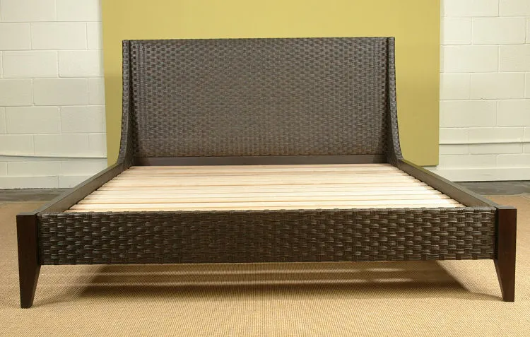 Classic Woven Rattan Mahogany Wood Checkerboard Platform Bed