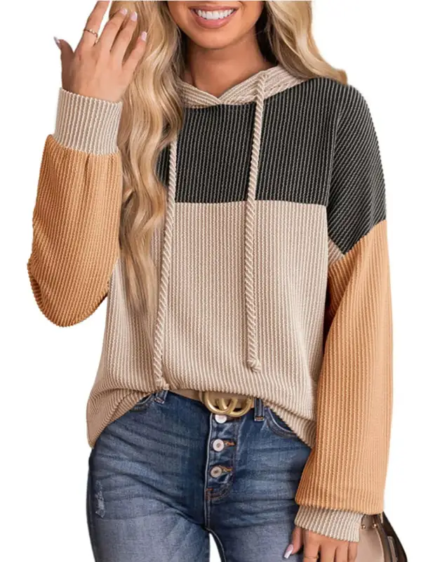 Relaxed Drawstring Long-Sleeve Colorblock Hoodie