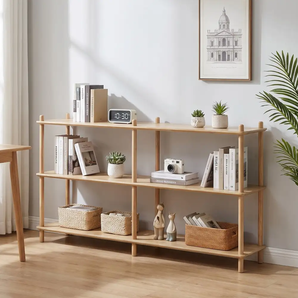 Wood Frame Open Display Wide Storage Bookshelf