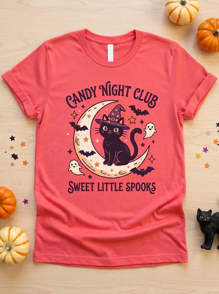 Cat Moon Halloween Graphic T-Shirt