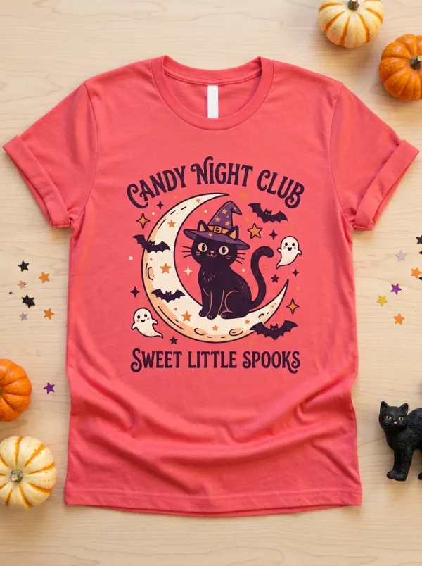 Cat Moon Halloween Graphic T-Shirt