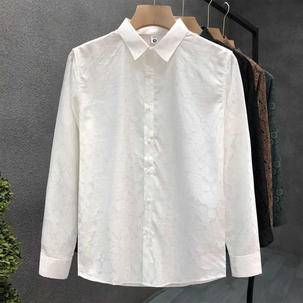 Men's Long-Sleeve Jacquard Shirt With Fine Floral Relief And Classic Collar