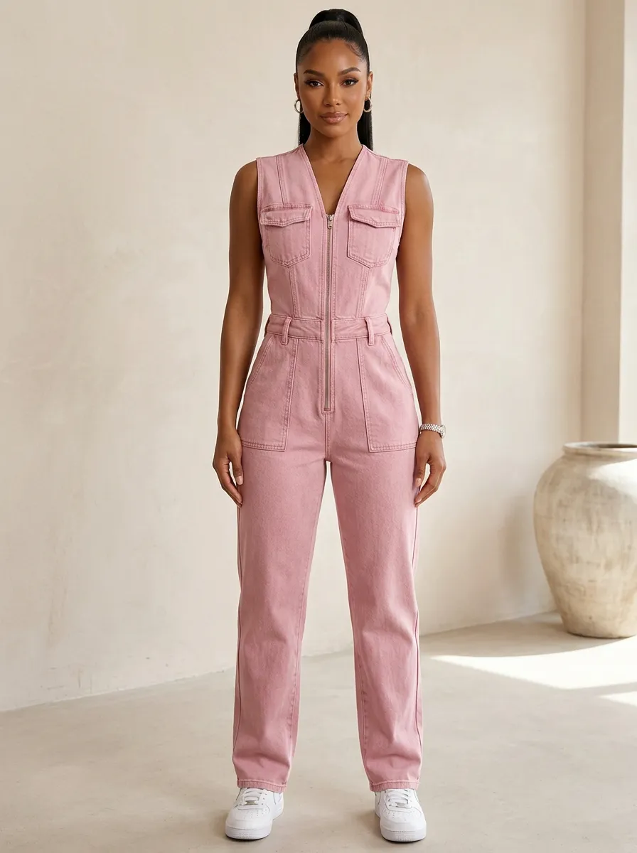 Pink Contemporary Sleeveless Zip-Front Denim Jumpsuit