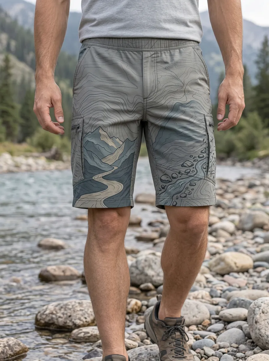 Men's Hiking Enthusiast Mountain River Topographic Cargo Shorts